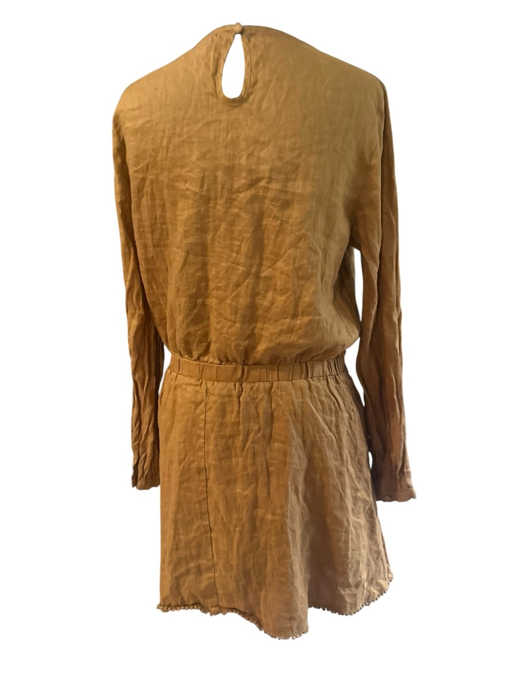 Frieeah Camel Linen Blend Long Sleeve Drop Waist Mini Dress Cottagecore Boho L - Picture 9 of 10